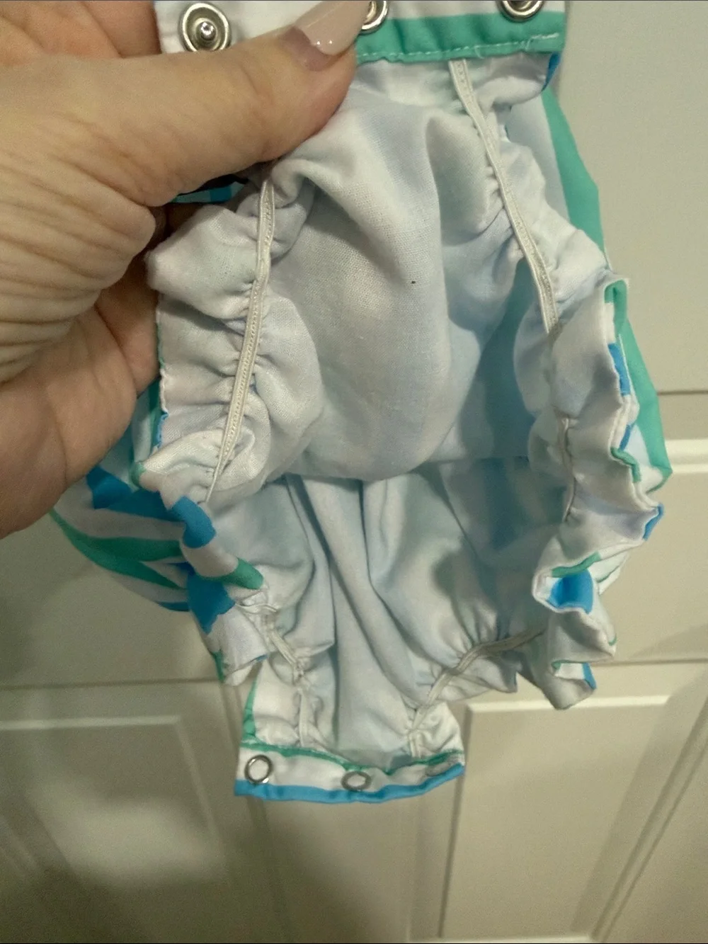 Striped Blue & Green Ruffle-Sleeve Baby One-Piece